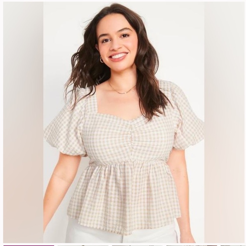 Old Navy Tan & White Puff Sleeve Smocked Seersucker Babydoll Blouse Size Large